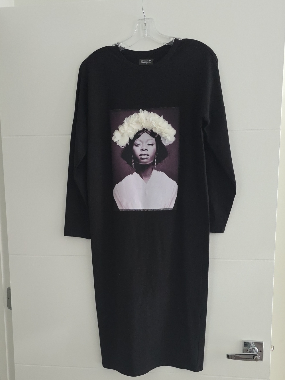 Black Midi Dress with Floral Portrait Print